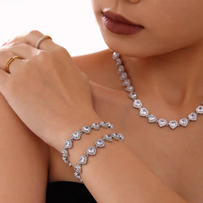 Conjunto de Jóias Feminino Colar Pulseira Anel Coração Rosa Banhada Brilhante Hipoalergênico para Festa Casamento