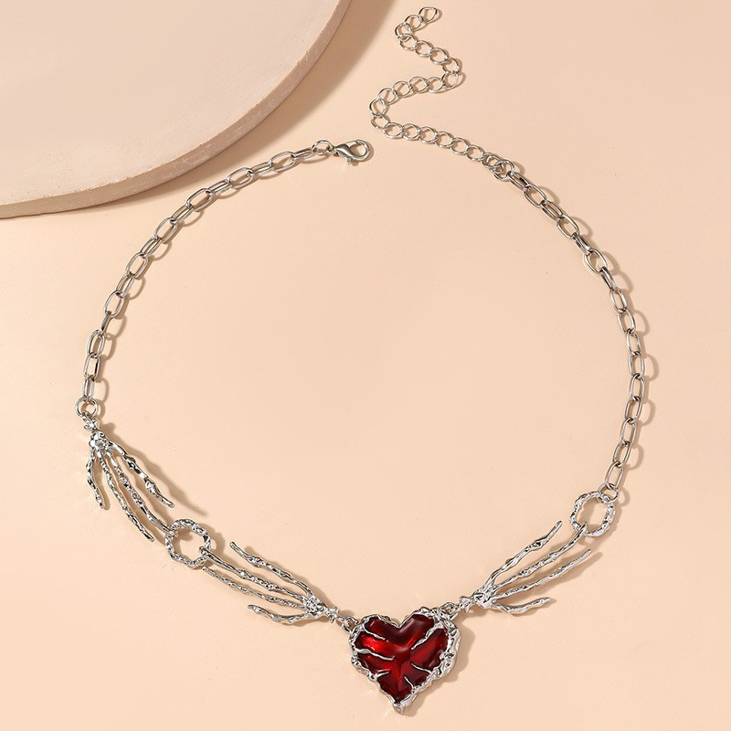 Colar feminino com pingente de caveira estilo punk, com garra, coração vermelho escuro, fashion, colar de clavícula