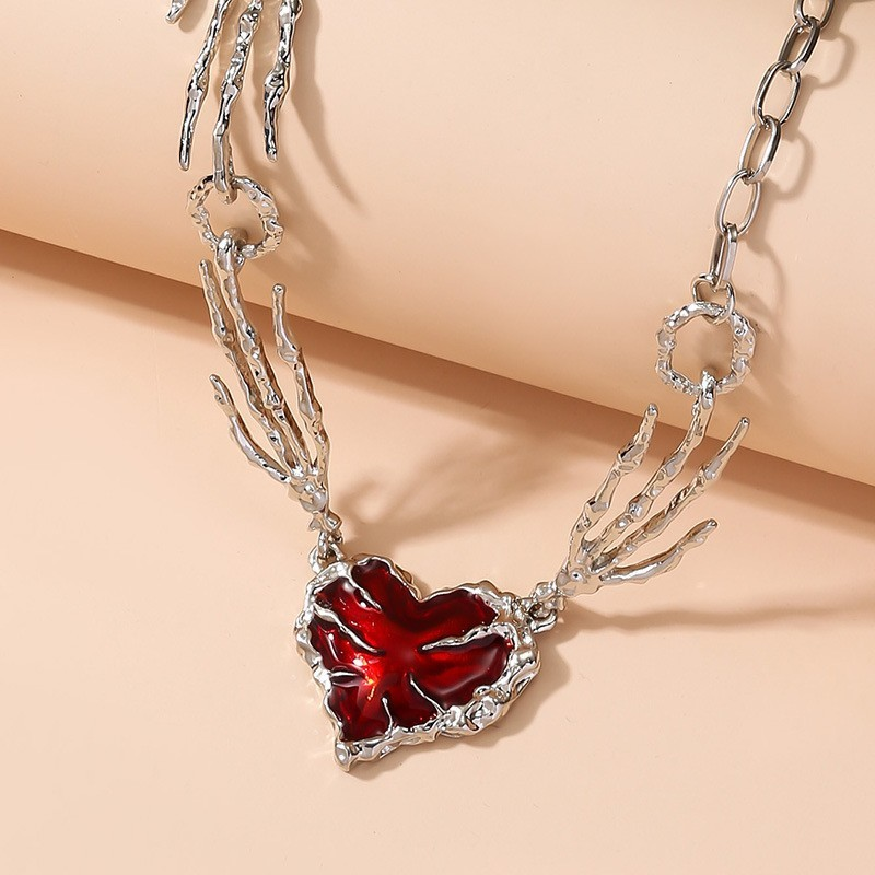 Colar feminino com pingente de caveira estilo punk, com garra, coração vermelho escuro, fashion, colar de clavícula