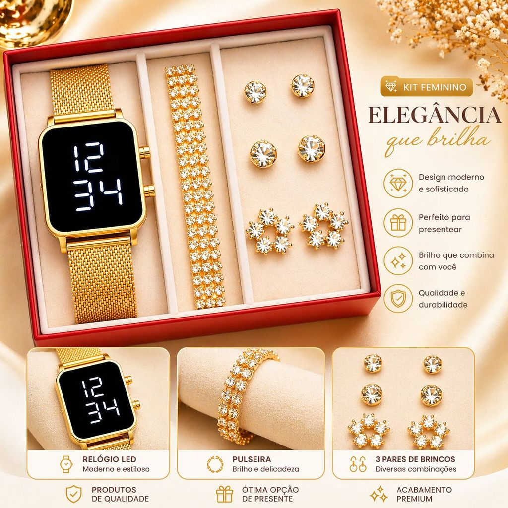 Kit Feminino com Relógio LED + Pulseira e Brinco – Estilo, Elegância e Presente Perfeito