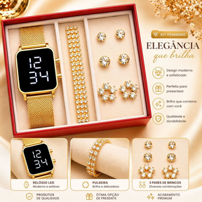 Kit Feminino com Relógio LED + Pulseira e Brinco – Estilo, Elegância e Presente Perfeito