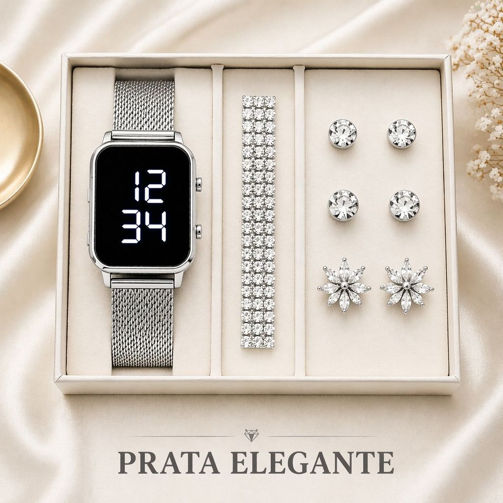 Kit Feminino com Relógio LED + Pulseira e Brinco – Estilo, Elegância e Presente Perfeito
