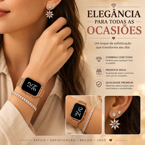 Kit Feminino com Relógio LED + Pulseira e Brinco – Estilo, Elegância e Presente Perfeito
