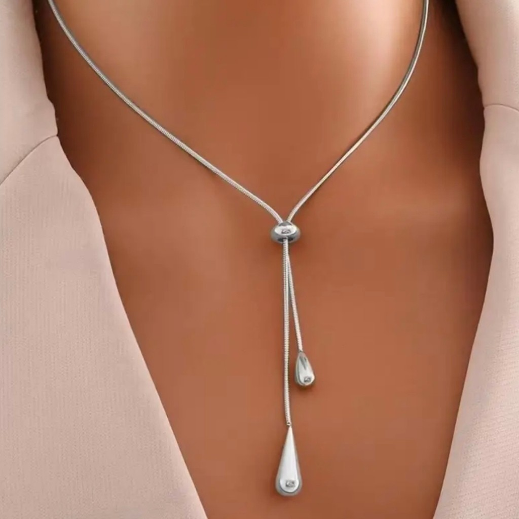 Colar Feminino Longo Regulável com Pingentes Gota – Corrente Fina Minimalista Ajustável Banhado a Ouro 18K e Prata 925