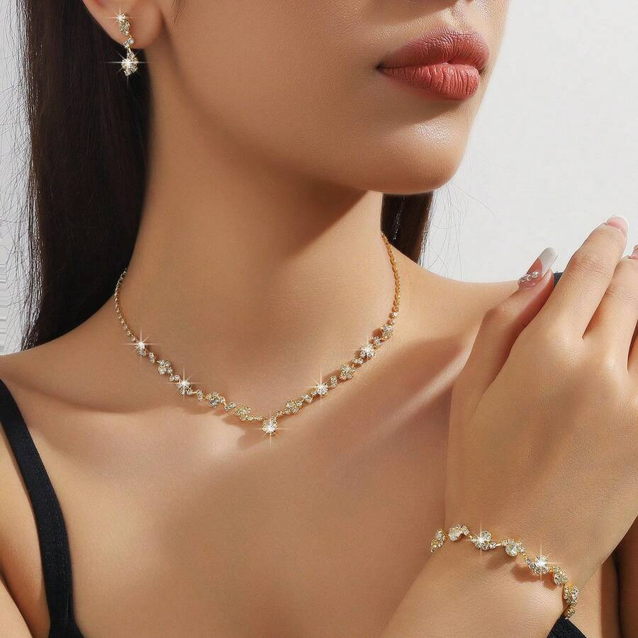 Conjunto de Joias de Casamento Luxuoso Brilhante Zircônia Anti-alérgico Presente para Namorada