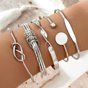 Conjunto 5 pulseiras femininas bracelete geométrico ajustável design minimalista banhado Ouro 18K e Prata925