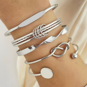 Conjunto 5 pulseiras femininas bracelete geométrico ajustável design minimalista banhado Ouro 18K e Prata925