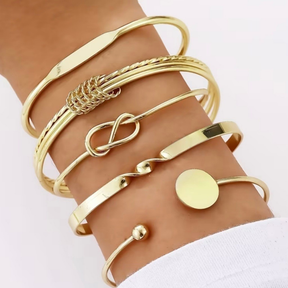 Conjunto 5 pulseiras femininas bracelete geométrico ajustável design minimalista banhado Ouro 18K e Prata925