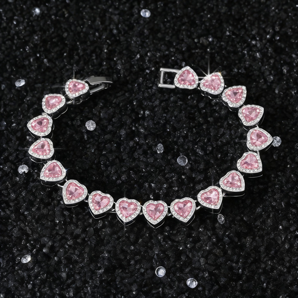 Conjunto de Jóias Feminino Colar Pulseira Anel Coração Rosa Banhada Brilhante Hipoalergênico para Festa Casamento